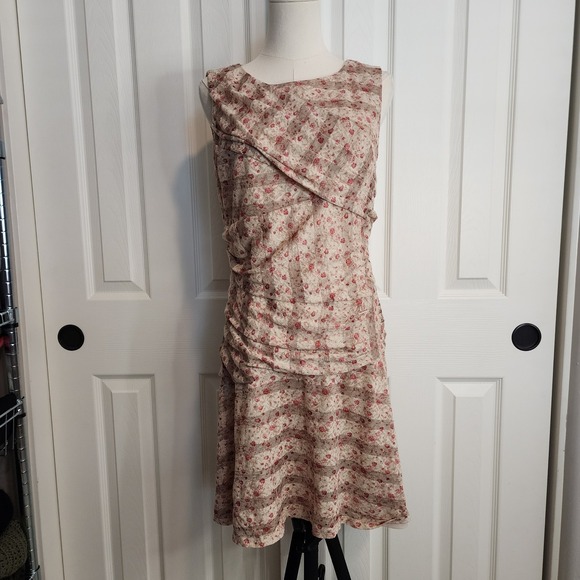 Hem & Thread Floral Dress Sleeveless Beige Red Dress Ruched Details - Picture 2 of 8